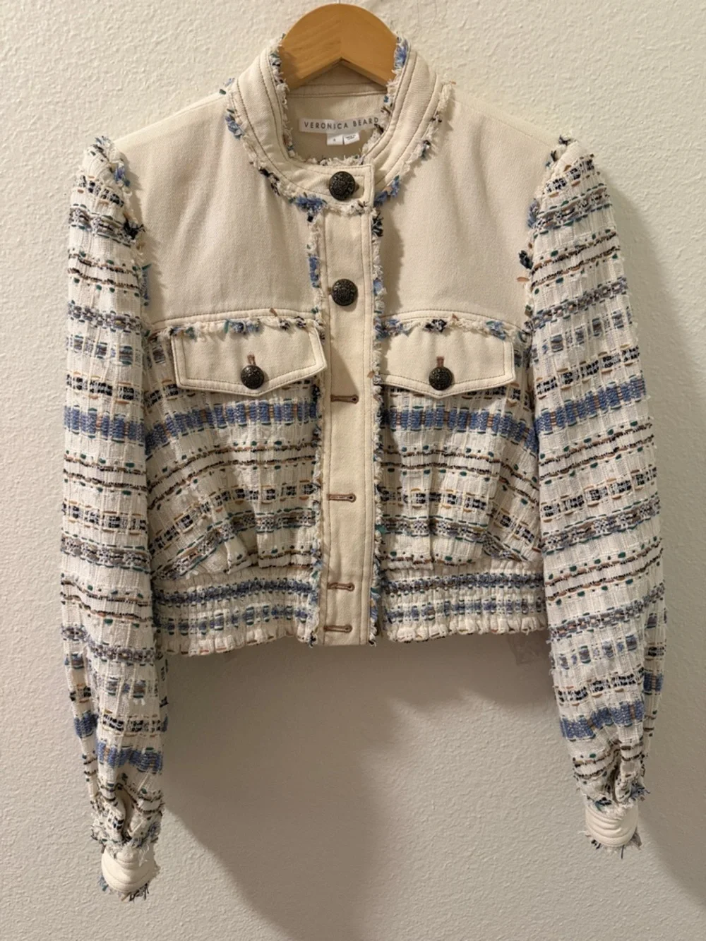 Veronica Beard Cream Tweed Jacket with Blue & Tan Accents - Picture 1 of 11